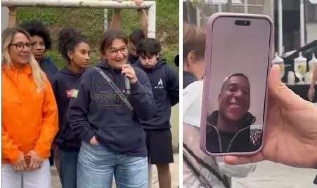 Mãe de Mbappé visita escola em São Paulo e surpreende alunos